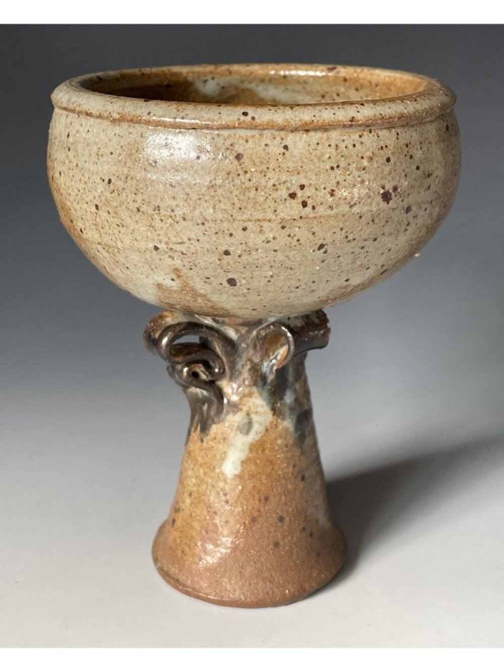 Vintage 20th C. Stoneware Stemmed Salt Glazed Art Pottery Goblet Cup w/ Cobalt